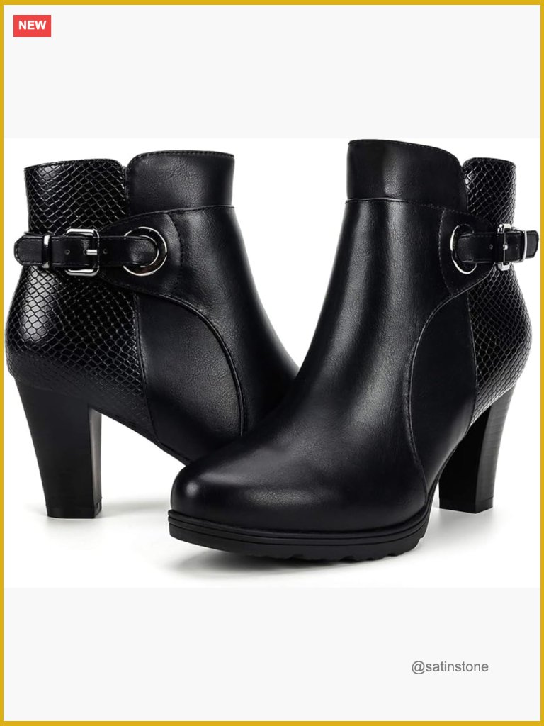 Chunky Stacked Heel Ankle Booties With Side Zip And Buckle Strap Faux Leather